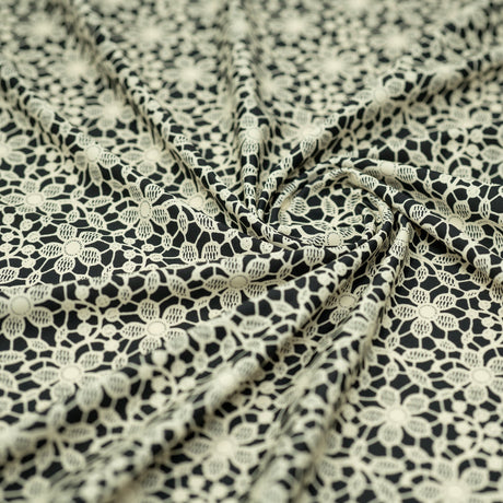 Ivory Flower Lace Pattern On Black Printed Nylon Spandex Fabric - Black, Ivory Floral Lace Pattern, 55/56" Width (1 Yard)