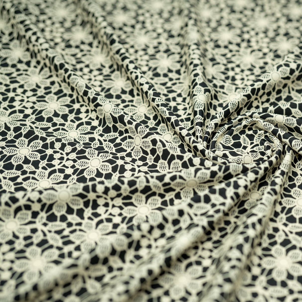 Printed Spandex Ivory Flower Lace on Black