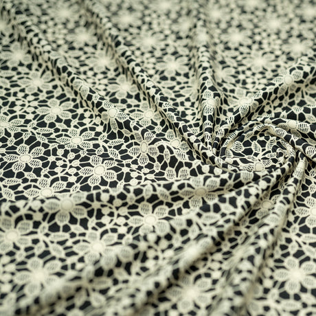 Printed Spandex Ivory Flower Lace on Black