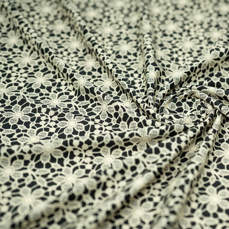 Ivory Flower Lace Pattern On Black Printed Nylon Spandex Fabric - Black, Ivory Floral Lace Pattern, 55/56" Width (1 Yard)