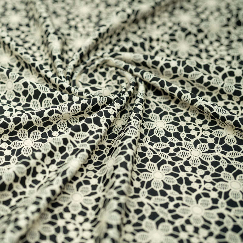 Printed Spandex Ivory Flower Lace on Black