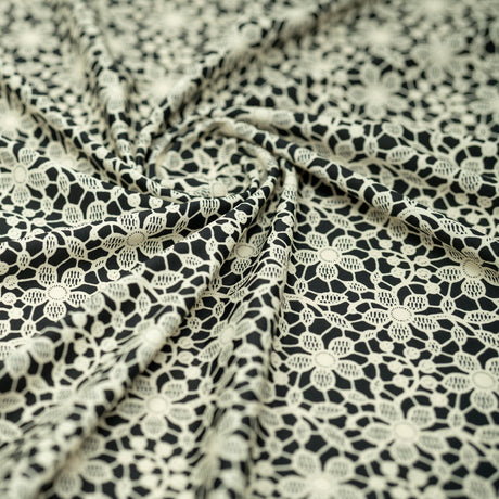 Ivory Flower Lace Pattern On Black Nylon Spandex Fabric - Black, Ivory Floral Lace Pattern, 55/56" Width (1 Yard)
