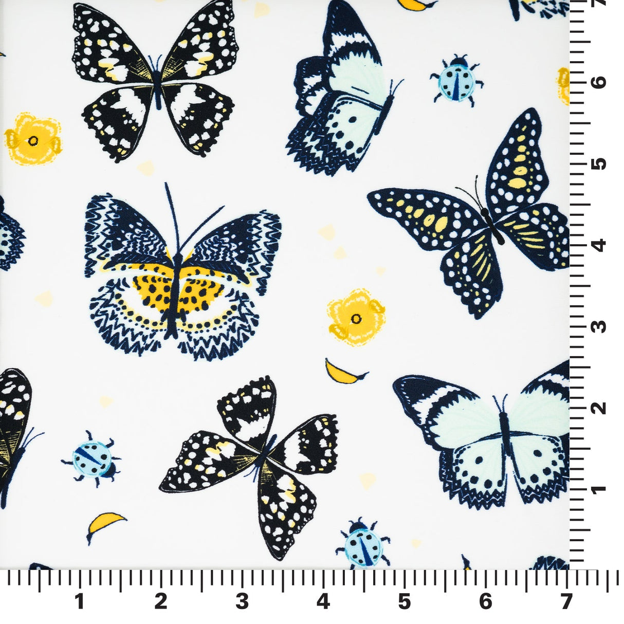 Butterflies And Ladybugs Printed Nylon Spandex Fabric - Blue, Butterfly And Ladybug Print, 55/56" Width (1 Yard)