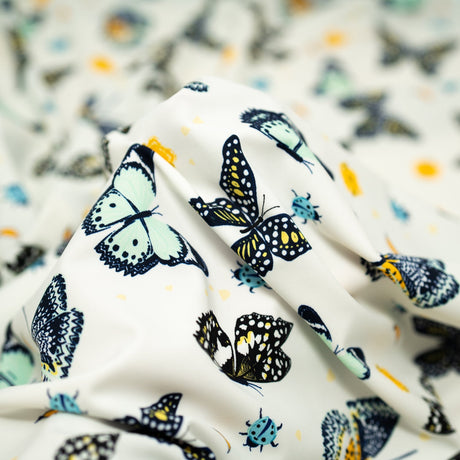 Butterflies And Ladybugs Printed Nylon Spandex Fabric - Blue, Butterfly And Ladybug Print, 55/56" Width (1 Yard)