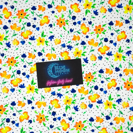 Printed Spandex Watercolor Flowers Black Dots