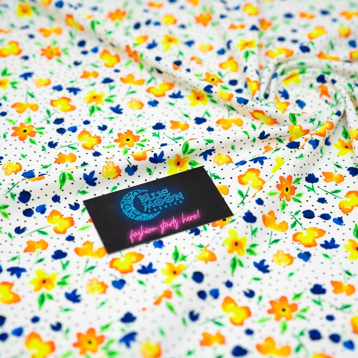 Watercolor Flowers And Black Dots Printed Nylon Spandex Fabric - Blue, Floral Dots, 55/56" Width (1 Yard)
