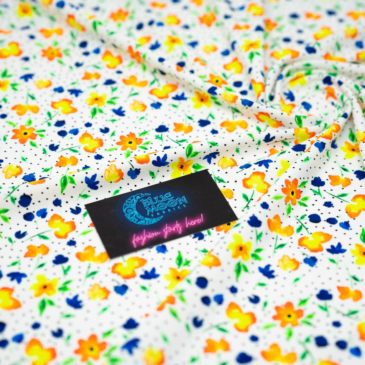 Watercolor Flowers And Black Dots Printed Nylon Spandex Fabric - Blue, Floral Dots, 55/56" Width (1 Yard)