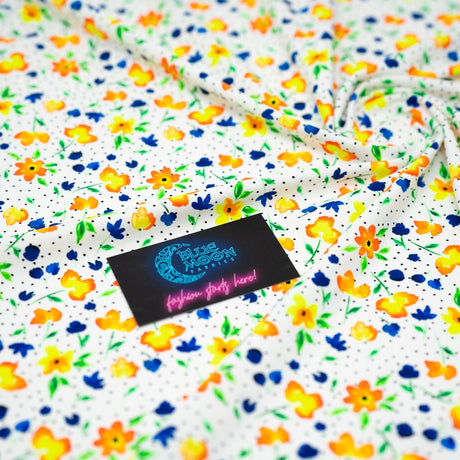 Watercolor Flowers And Black Dots Printed Nylon Spandex Fabric - Blue, Floral Dots, 55/56" Width (1 Yard)