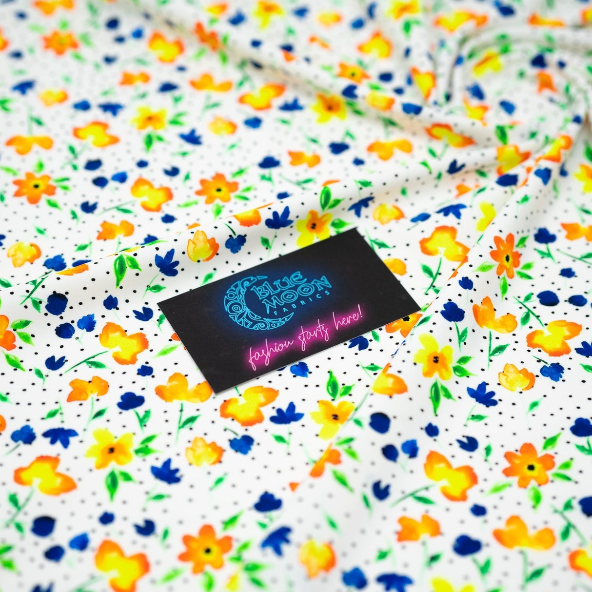 Printed Spandex Watercolor Flowers Black Dots