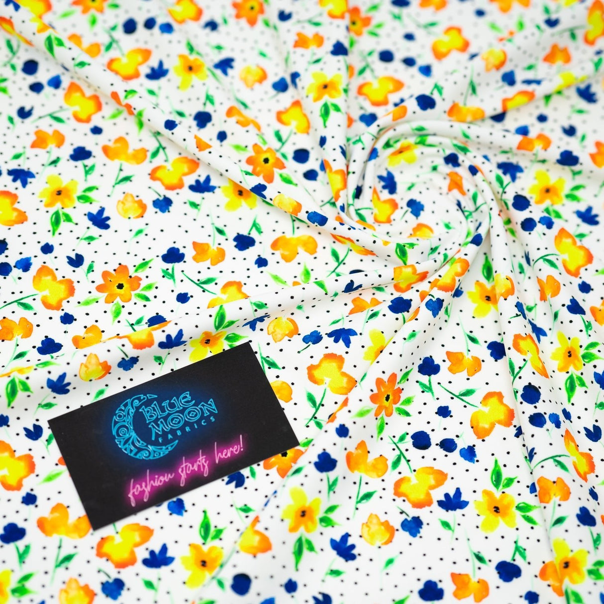 Printed Spandex Watercolor Flowers Black Dots