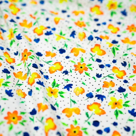 Printed Spandex Watercolor Flowers Black Dots