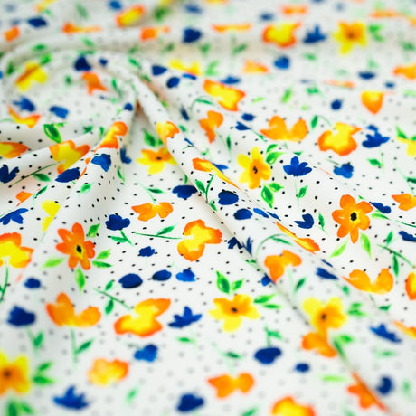 Printed Spandex Watercolor Flowers Black Dots