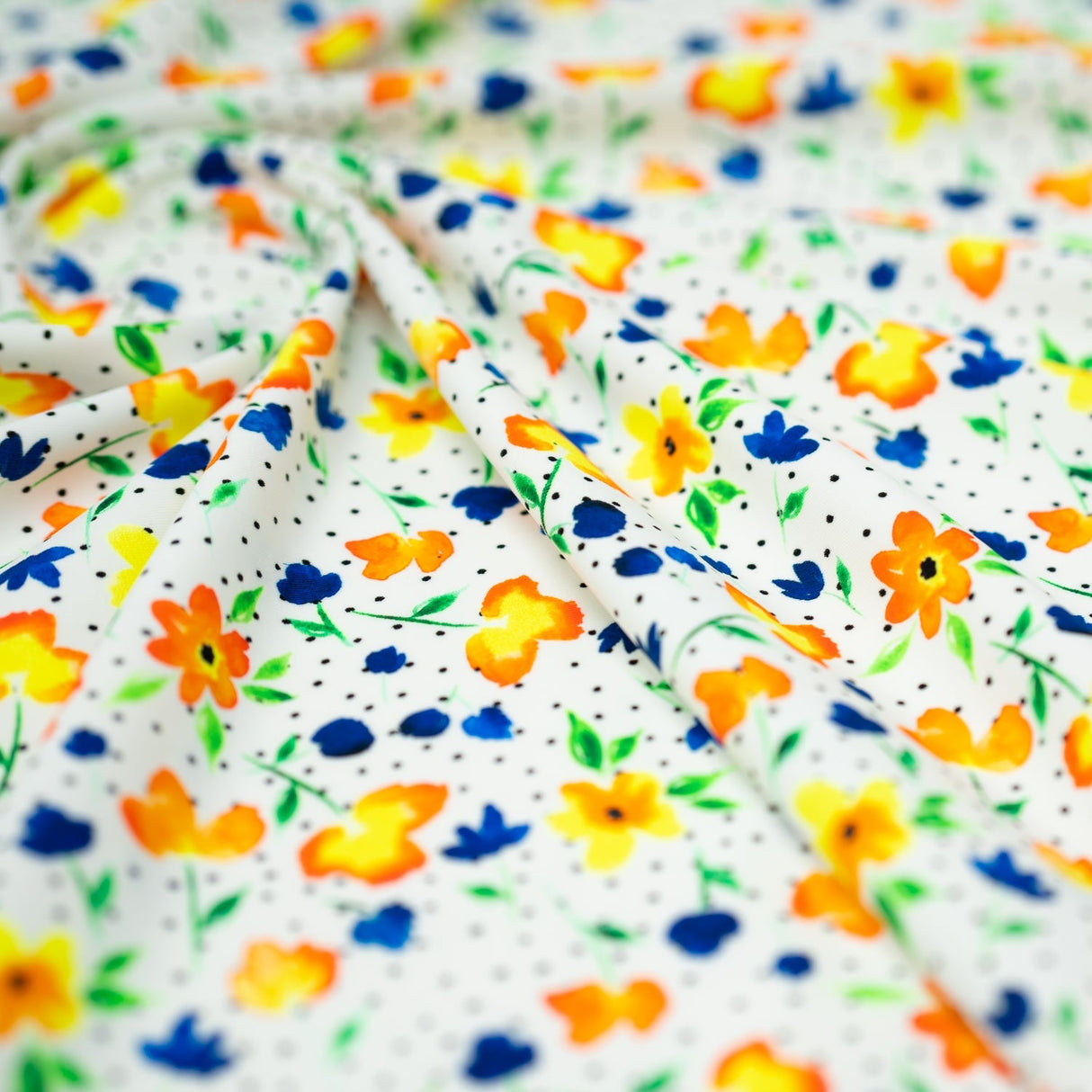 Watercolor Flowers And Black Dots Printed Nylon Spandex Fabric - Blue, Floral Dots, 55/56" Width (1 Yard)