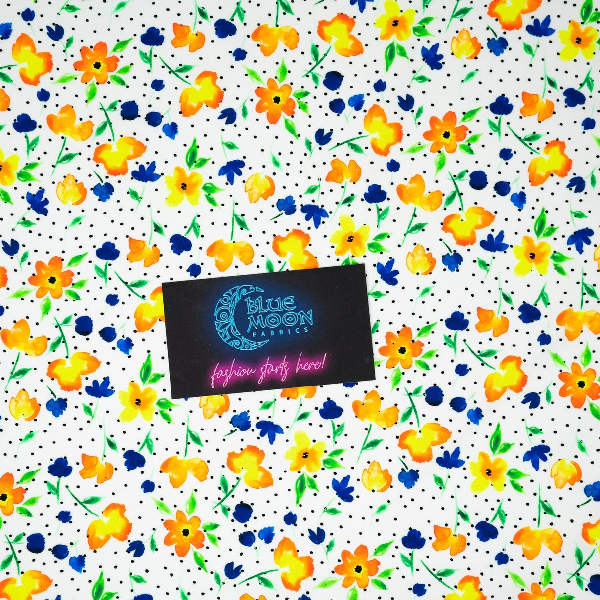 Watercolor Flowers And Black Dots Printed Nylon Spandex Fabric - Blue, Floral Dots, 55/56" Width (1 Yard)