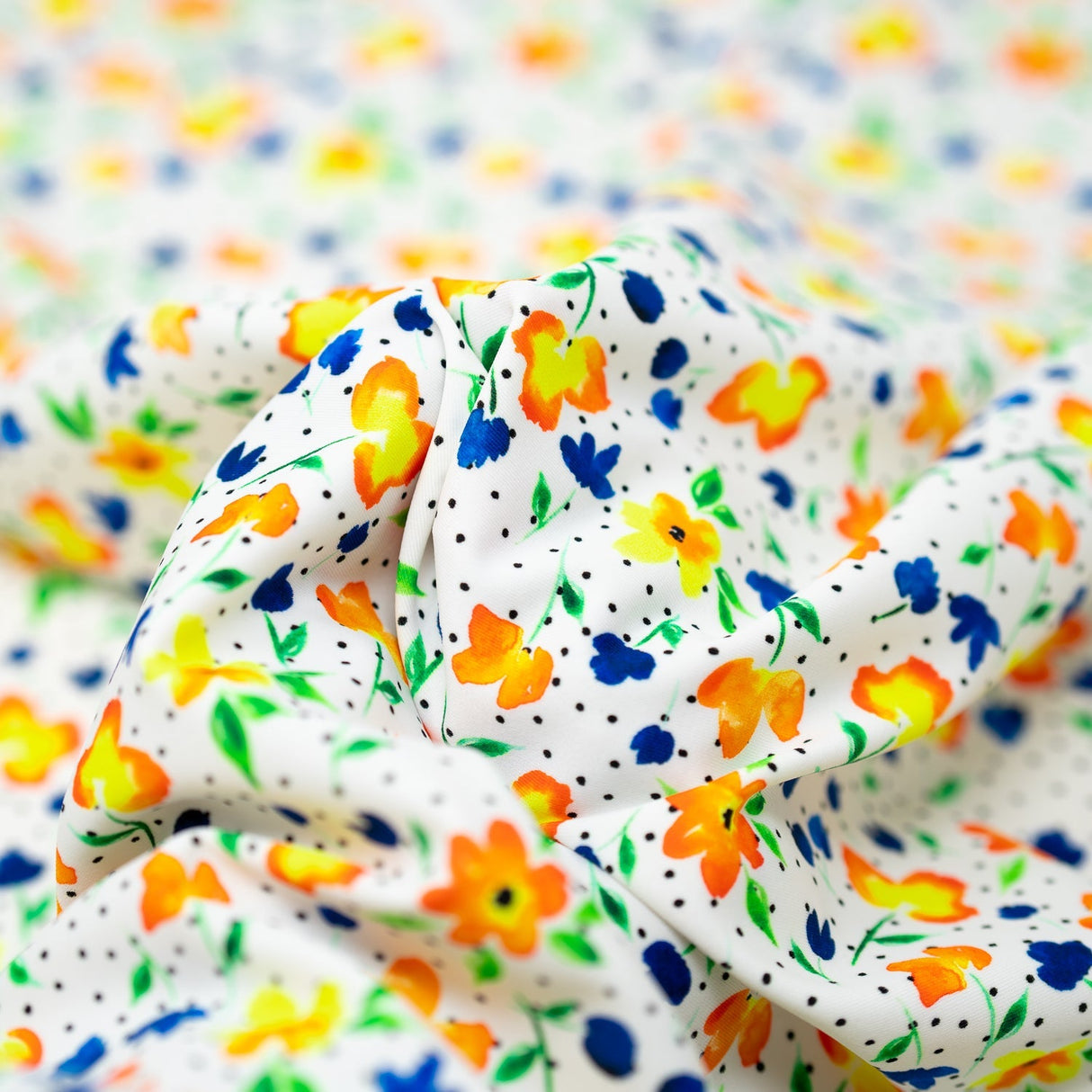 Watercolor Flowers And Black Dots Printed Nylon Spandex Fabric - Blue, Floral Dots, 55/56" Width (1 Yard)