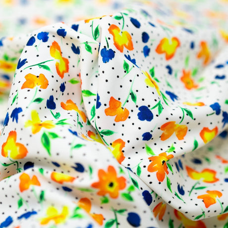 Printed Spandex Watercolor Flowers Black Dots