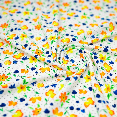 Printed Spandex Watercolor Flowers Black Dots