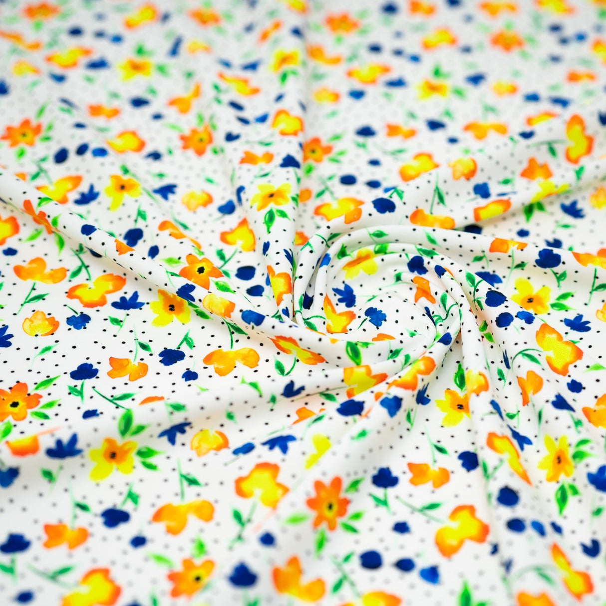 Watercolor Flowers And Black Dots Printed Nylon Spandex Fabric - Blue, Floral Dots, 55/56" Width (1 Yard)