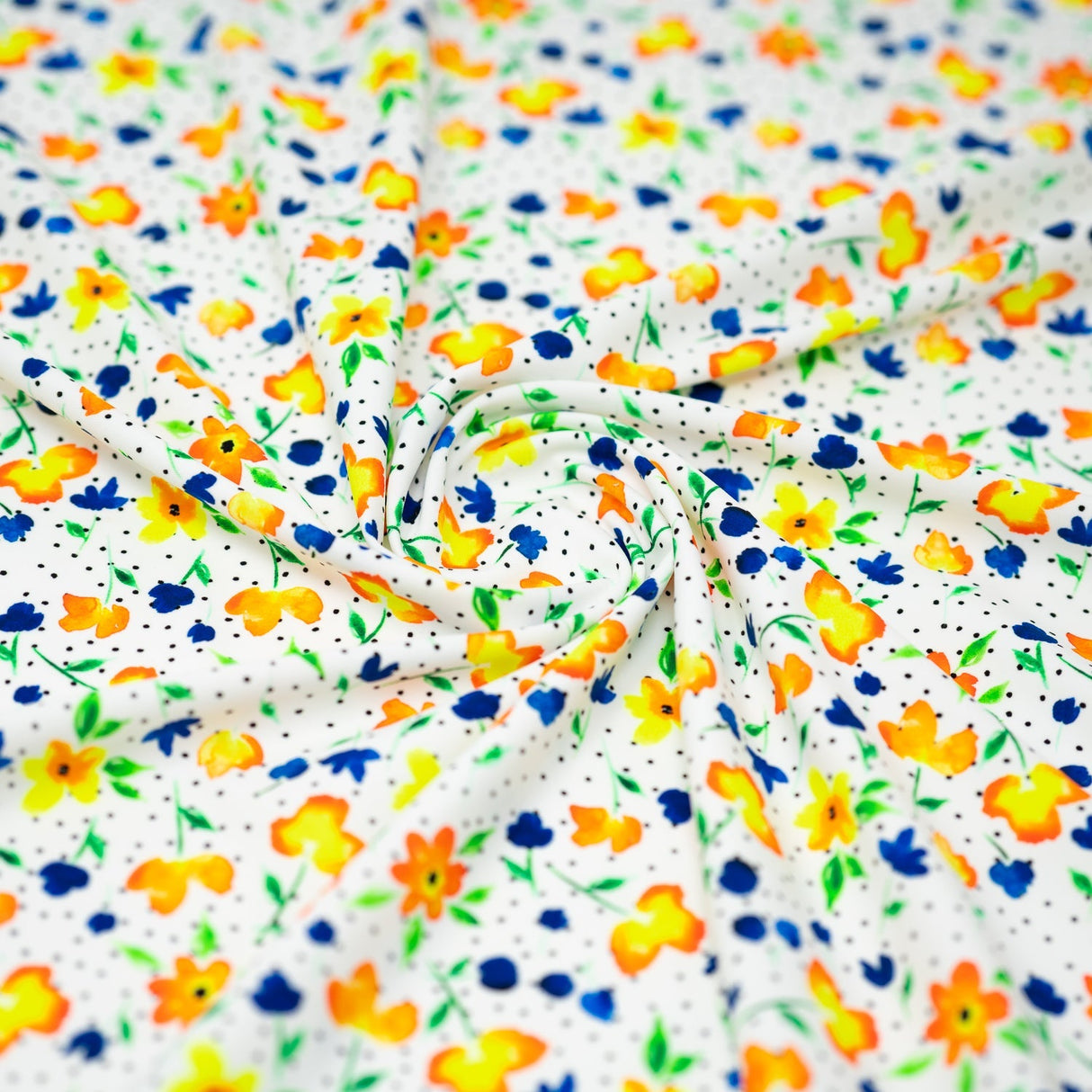 Watercolor Flowers And Black Dots Printed Nylon Spandex Fabric - Blue, Floral Dots, 55/56" Width (1 Yard)