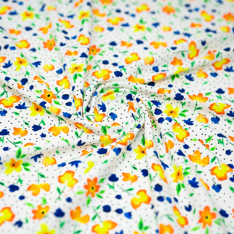 Watercolor Flowers And Black Dots Printed Nylon Spandex Fabric - Blue, Floral Dots, 55/56" Width (1 Yard)