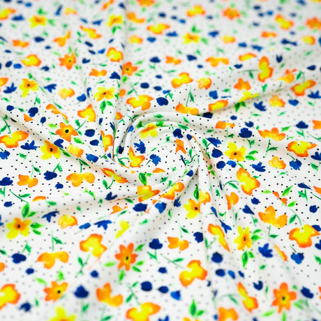 Printed Spandex Watercolor Flowers Black Dots