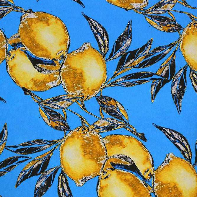 Printed Spandex Vintage Lemons Blue Ground