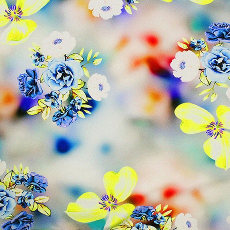 Crisp Bouquets On Blurry Ground Day Printed Nylon Spandex Fabric - Blue Floral Print, 55/56" Width (1 Yard)