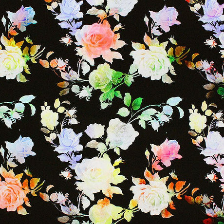 Watercolor Tie Dye Roses Nylon Spandex Fabric - Watercolor Tie Dye Roses, Blue, 55/56" Width (1 Yard)
