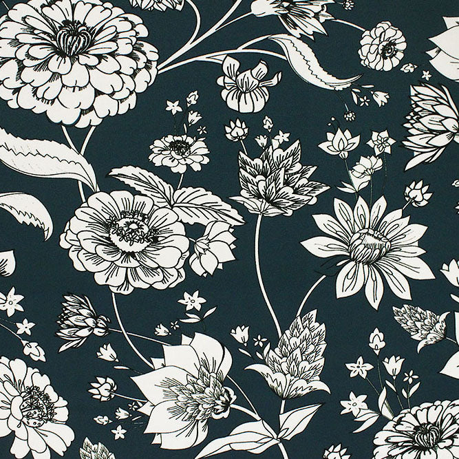 Unfinished Flowers On Blue Ground Nylon Spandex Fabric - Blue Floral Print, 55/56" Width (1 Yard)