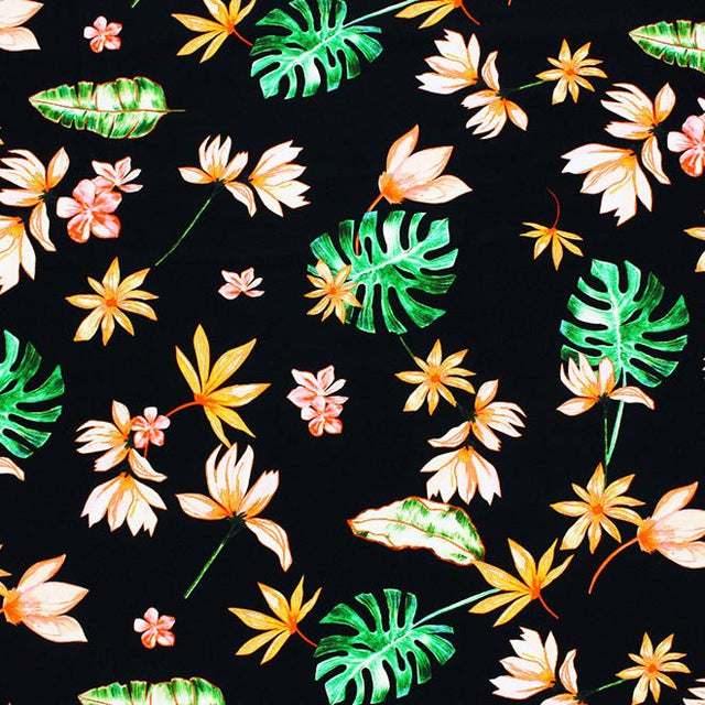 Printed Spandex Fabric Painted Monstera Leaves Multicolor