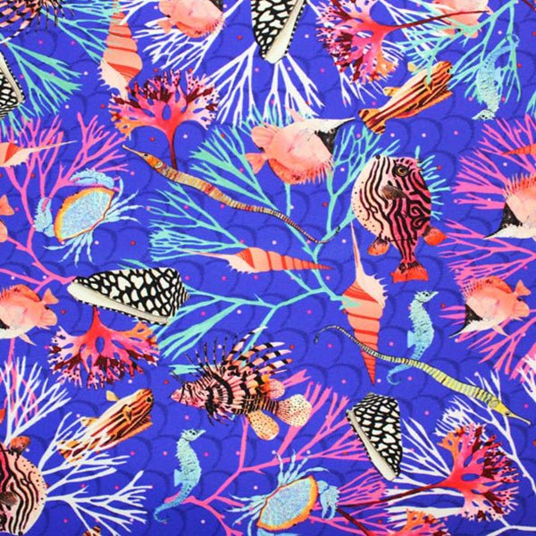 Printed Spandex Puffer Fish Crabs Blue
