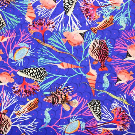 Printed Spandex Puffer Fish Crabs Blue