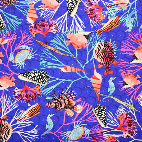 Puffer Fish Crabs Printed Nylon Spandex Fabric - Blue, Printed, 55/56" Width (1 Yard)