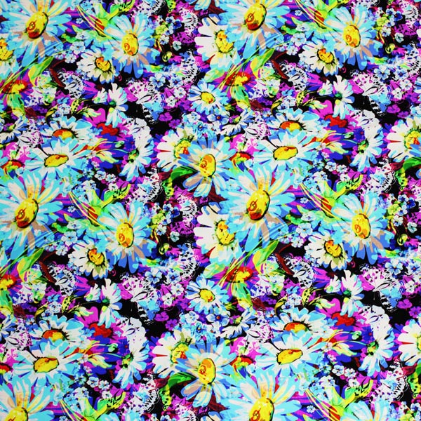 Butterflies Daisies Printed Nylon Spandex Fabric - Blue Butterfly And Daisy Print, 55/56" Width (1 Yard)