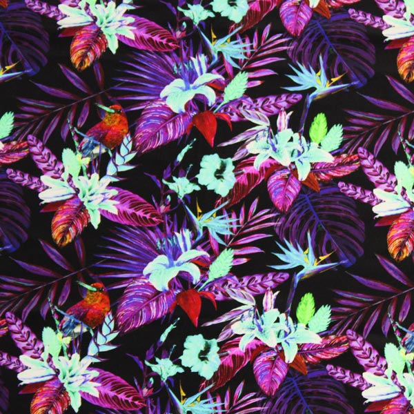 Black Purple Birds Of Paradise Nylon Spandex Fabric - Black Purple Birds Of Paradise Print, 55/56" Width (1 Yard)