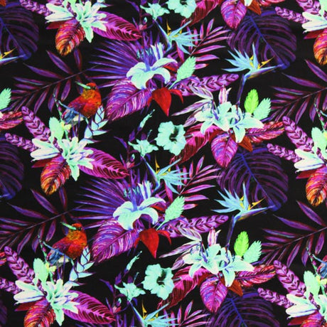 Black Purple Birds Of Paradise Nylon Spandex Fabric - Black Purple Birds Of Paradise Print, 55/56" Width (1 Yard)