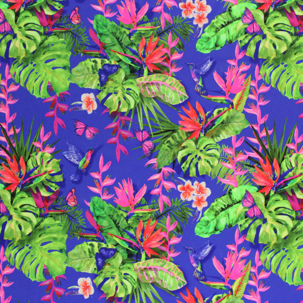 Humming Bird Tropical Garden Printed Nylon Spandex Fabric - Blue Hummingbird Tropical Garden Print, 58/60" Width (1 Yard)