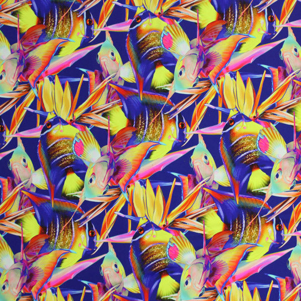 Tropical Fish Birds Of Paradise Printed Nylon Spandex Fabric - Blue Tropical Fish And Birds Of Paradise Print, 55/56" Width (1 Yard)