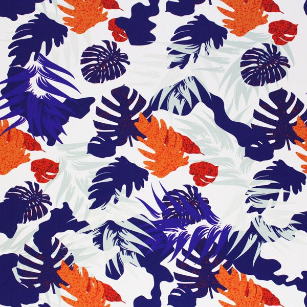 Printed Spandex Purple Orange Philodendron