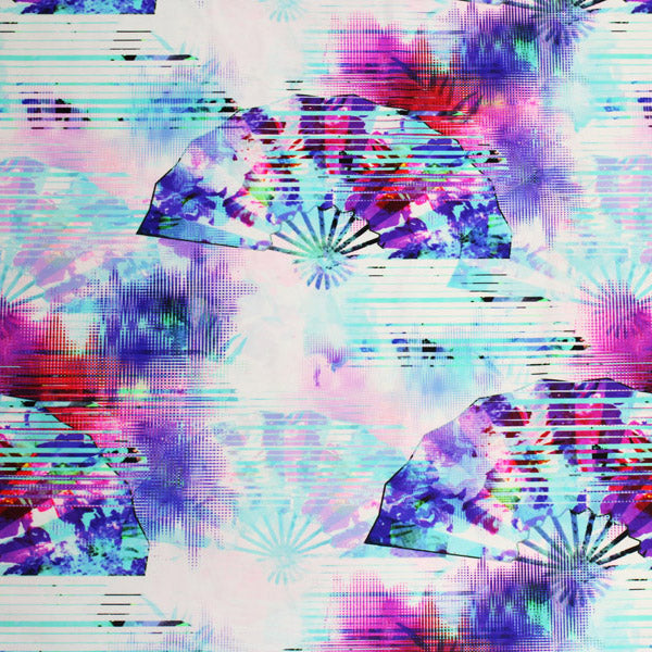 Modern Pastel Asian Fans Printed Nylon Spandex Fabric - Pastel Asian Fans Print, 55/56" Width (1 Yard)