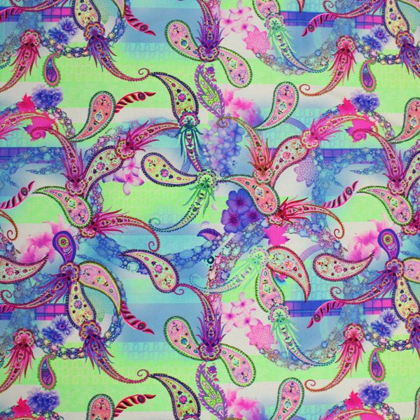 Paisley Floral Multi Color Printed Nylon Spandex Fabric - Multi Color Paisley Floral Print, 55/56" Width (1 Yard)