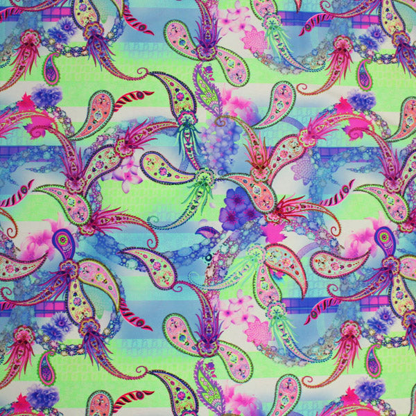 Paisley Floral Multi Color Printed Nylon Spandex Fabric - Multi Color Paisley Floral Print, 55/56" Width (1 Yard)