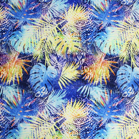 Printed Spandex Digital Cat Palms Blue