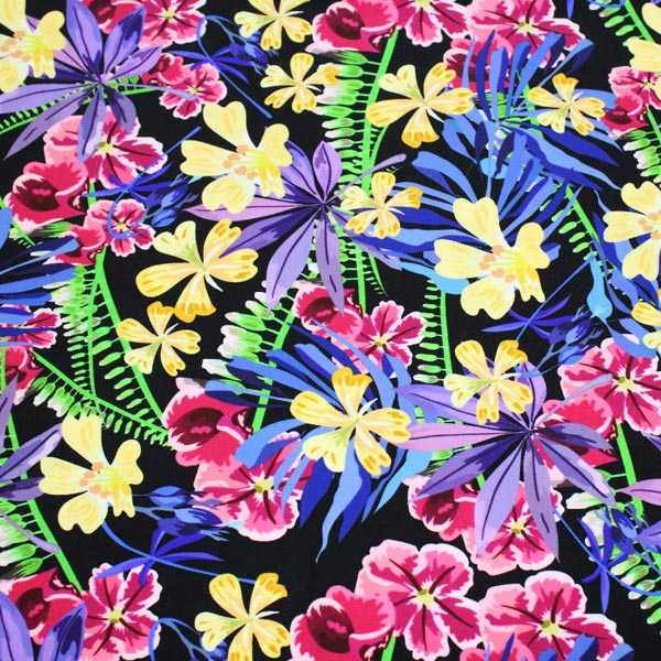 Hawaiian Flowers And Fronds Printed Nylon Spandex Fabric - Blue Floral Tropical Print, 55/56" Width (1 Yard)