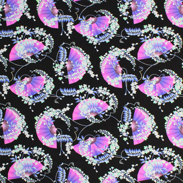 Japanese Fans Printed Nylon Spandex Fabric - Blue, Japanese Fans Print, 55/56" Width (1 Yard)