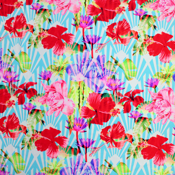Hibiscus Under Palms Nylon Spandex Fabric - Blue Tropical Floral Print, 55/56" Width (1 Yard)