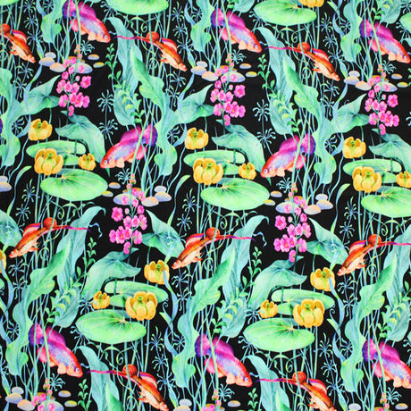 Lily Pad Fish Pond Nylon Spandex Fabric - Blue Lily Pad Fish Pond Print, 56" Width (1 Yard)