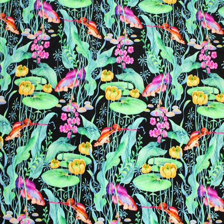 Printed Spandex Lily Pad Fish Pond Blue