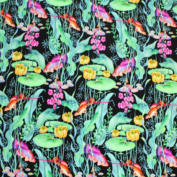 Lily Pad Fish Pond Printed Nylon Spandex Fabric - Blue, Printed, 56" Width (1 Yard)