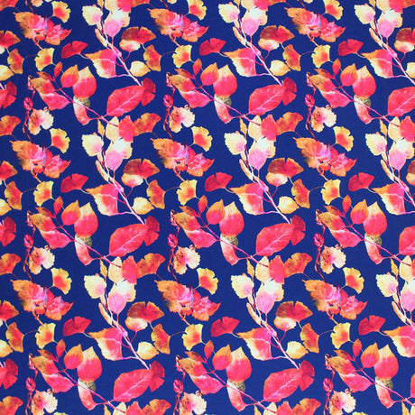 Autumn Navy Rust Leaves Printed Nylon Spandex Fabric - Navy Rust Leaves Print, 55/56" Width (1 Yard)